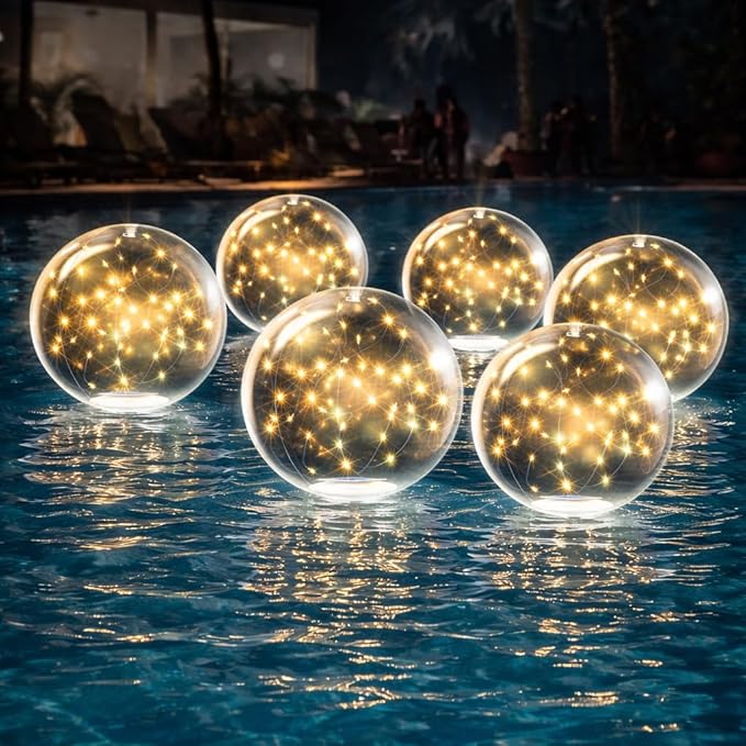 TIALLY Fairy Floating Pool Lights Solar Powered - 14" Inflatable Waterproof Led Glow Balls, Floating Light Up Balls for Swimming Pool Party Decorations, Cool Outdoor Decor (6 Pack)
