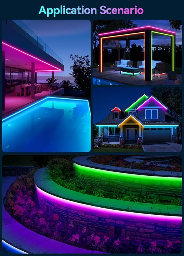 IP67 50FT Continuous RGB+IC DIY Design Outdoor Led Strip Lights Waterproof with Wi-Fi+Bluetooth App Compatible with Alexa,Google Assistant,Themable for Football Clubs Color Changing LED Rope Lights