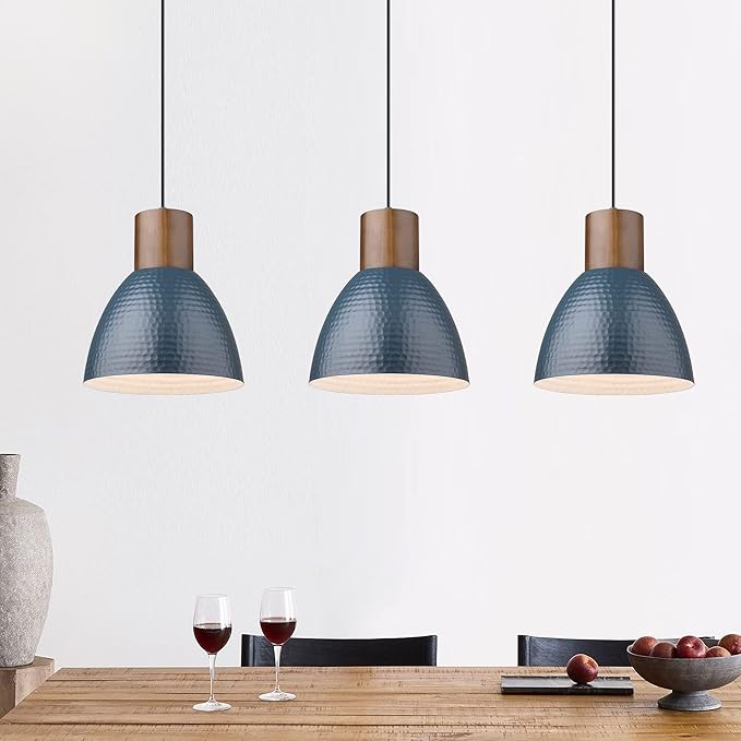 ELYONA 3 Pack Hammered Pendant Lights 7” Metal Solid Wood Hanging Light Fixtures Adjustable Height Industrial Pendant Lighting for Kitchen Island Dining Room Bedroom Bar Office, Modern Blue Small