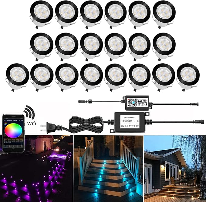 Smart LED Deck Lights Kit WiFi Controlled Color Changeable,Φ1.38“Outdoor IP67 Waterproof Low Voltage Step Lights In-Ground Lighting,Works with Samrt Phone,Alexa, Google Home(Black Border,20pack)