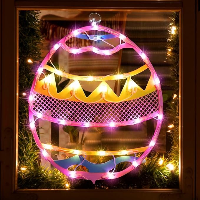 LAMPHOME 17" Lighted Pink with Yellow Chevron Stripe Easter Egg Window Silhouette