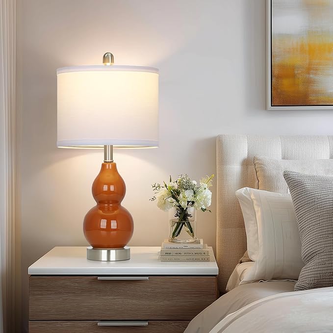 Double Gourd Ceramic Table Lamps Set of 2, Modern Red Bedside Lamps for Night Stand, Contemporary Nightstand Lamps for Bedroom Living Room (Bulb Included)
