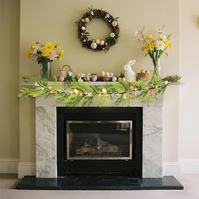 DR.DUDU 6 FT Lighted Easter Garland, Easter Decorations for Home, Egg Garland Spring Fireplace Mantel Decor, Indoor & Outdoor Holiday Parties Display
