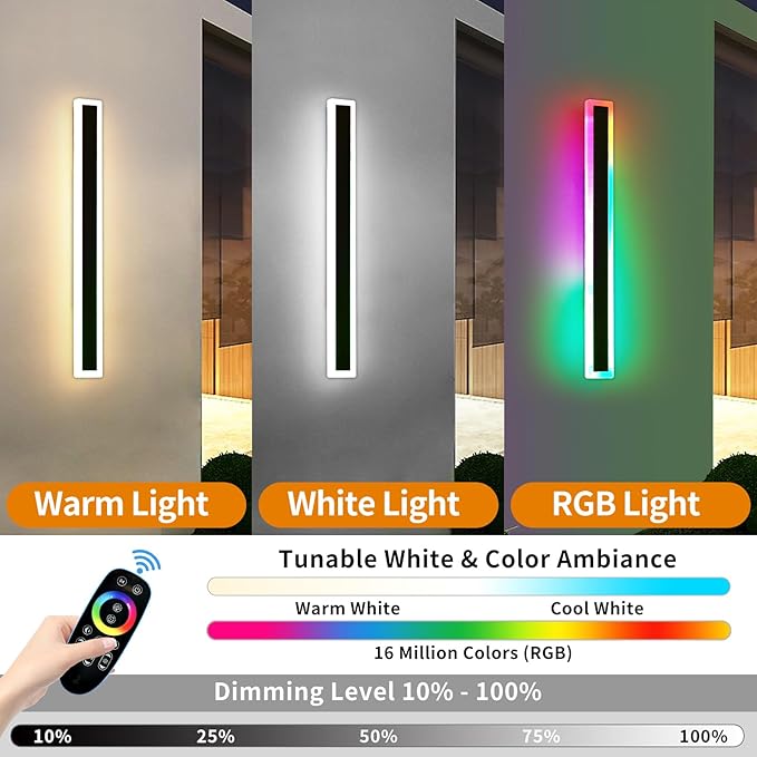 Mikeru Modern Outdoor Light Fixture, 39inch Modern RGB Outdoor Wall Light 10%-100% Dimmable with Memory Function Long Outdoor Porch Lights Featuring Multiple Modes and 12 Colors for Patio Entryway