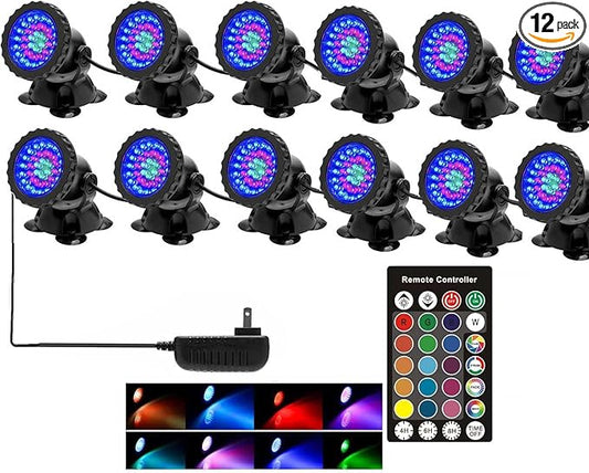 SHOYO Pond Lights Colored with Timer, Fountain Lights Underwater Submersible Memory Dimmable IP68 Waterproof Spotlights for Outdoor Garden Yard Lawn Water Pond Fountain (Set of 12)