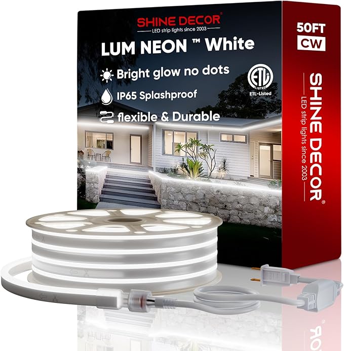 Shine Decor 50FT/15M LED Neon Rope Lights, Cool White AC 110V-120V Neon LED Strip Lights, Flexible Waterproof SMD2835 120LEDs/M Indoor Outdoor Ropes Lights, Bright Ambient Lighting Decoration