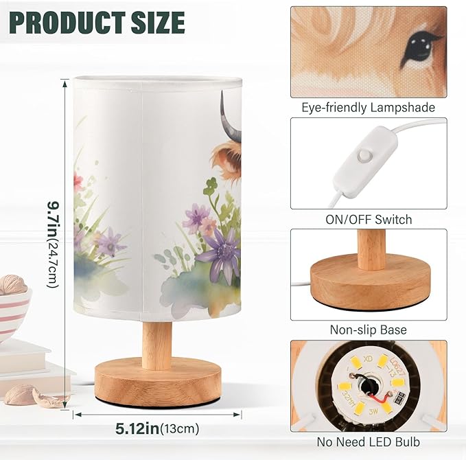 Bedside Table Lamp Cute Highland Cows Flower Nightstand Lamp with Wood Desk Lamps for Bedroom Living Room Nursery Office Home Decor