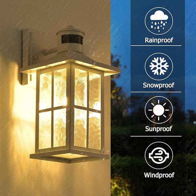 Motion Sensor Outdoor Wall Light Fixtures Dusk to Dawn Exterior Porch Lantern White Outside Sconce Lighting Rustic Wall Mount Lamp with Water Ripple Glass for House Garage Patio Entryway