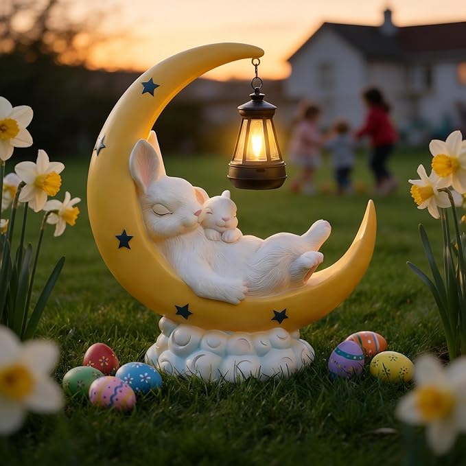 Easter Gift for Mom – Solar Powered Mother & Baby Rabbit Garden Light on Moon, Warm White LED Resin Statue for Yard and Patio | Mother's Day Gardening Gift