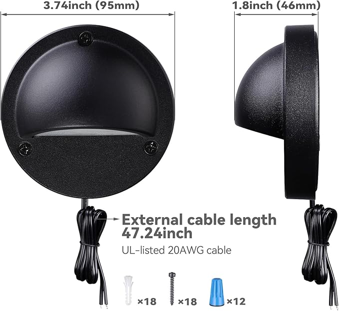 LEONLITE Update 5CCT LED Low Voltage Deck Lights, 180LM 3.74inch Landscape Step Railing Fence Light, 12-24V AC/DC, CRI90, Die-cast Aluminum Housing & Frosted Glass Lens, UL Cord, Black, Pack of 6