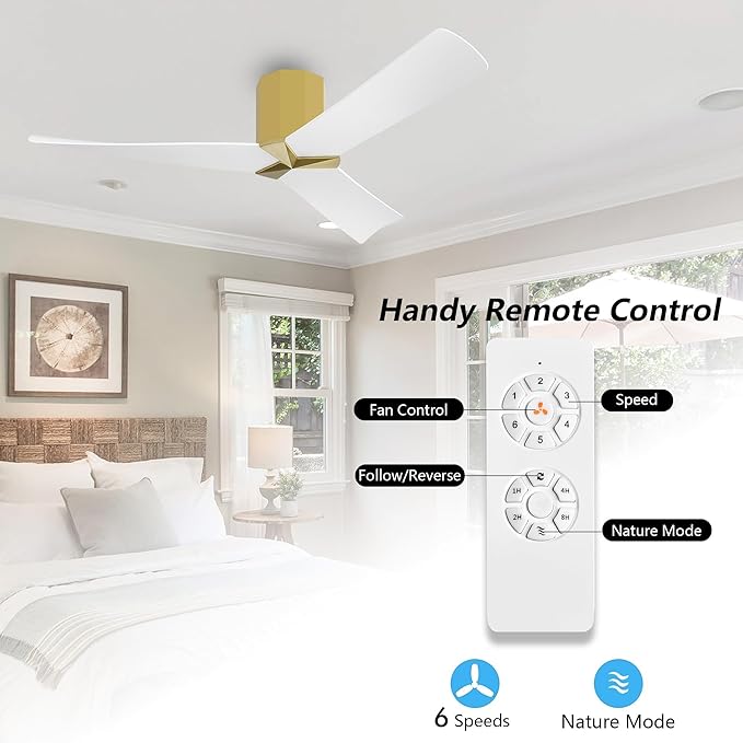 WINGBO 52" Ceiling Fan no Light - Brass and White DC Flush Mount Ceiling Fan, 3 ABS Plastic Curved Blades, 6 Speed Reversible DC Motor, Hugger Ceiling Fans No Light for Kitchen, Bedroom, Living Room