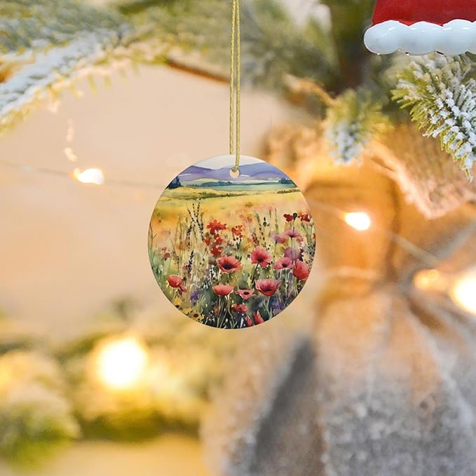 Watercolor Poppy Flowers Field Christmas Ornaments, Christmas Decorations Xmas Tree Hanging Ornaments, Round Ceramic Festive Keepsake Gift for Christmas Decorations Holiday Home Party Decors
