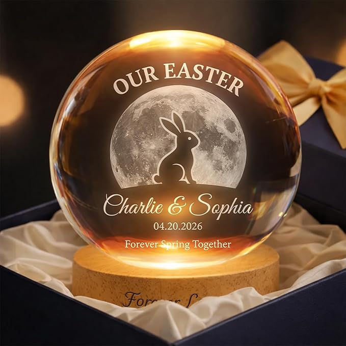 Personalized Our Easter Crystal Ball LED Night Light, Custom Couple Name Bunny Moon Glass Globe Lamp with Wooden Base, Romantic Easter Keepsake Gift for Him Her Anniversary Décor