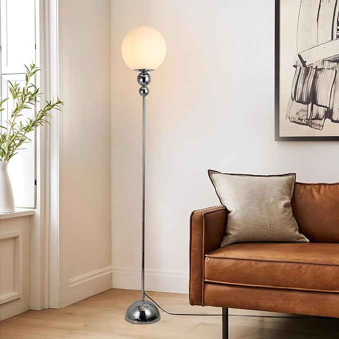 Modern Floor Lamps for Living Room, Globe Glass Shade Floor lamp for Bedroom, Standing lamp for Office, Corner(Chrome)