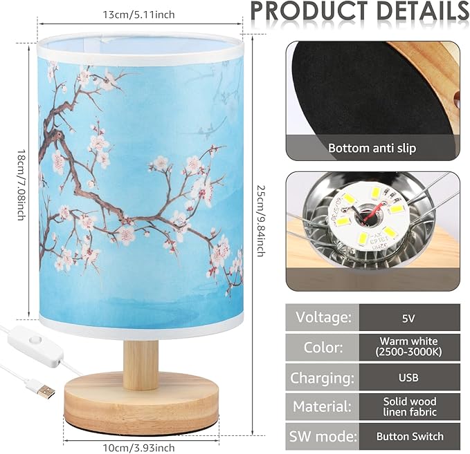 Fabric Wood Table Lamp for Bedroom, USB LED Bedside Night Lamp with Linen Fabric Lampshade, Decorative Bedroom Nightstand Light, Vintage Small Nightlight for Home Office Hotel Present(Style 2)