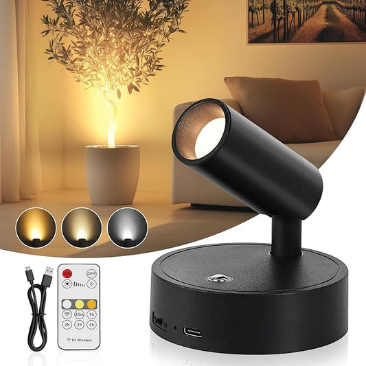 Spotlight Indoor, Wireless Battery Operated with Remote,Uplight Indoor Down Light for Picture on Wall, Plant Spotlight Dimmable Timer, Mini Ceiling Lights Painting for Trees Plant