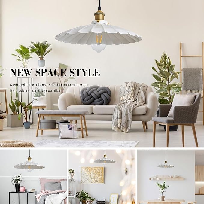 Hanging Plug in Pendant Light 13.8 Inch Round Metal Shade Vintage White Pendant Light for Kitchen Island Dome Industrial Hanging Lamp with Plug in Cord Living Room