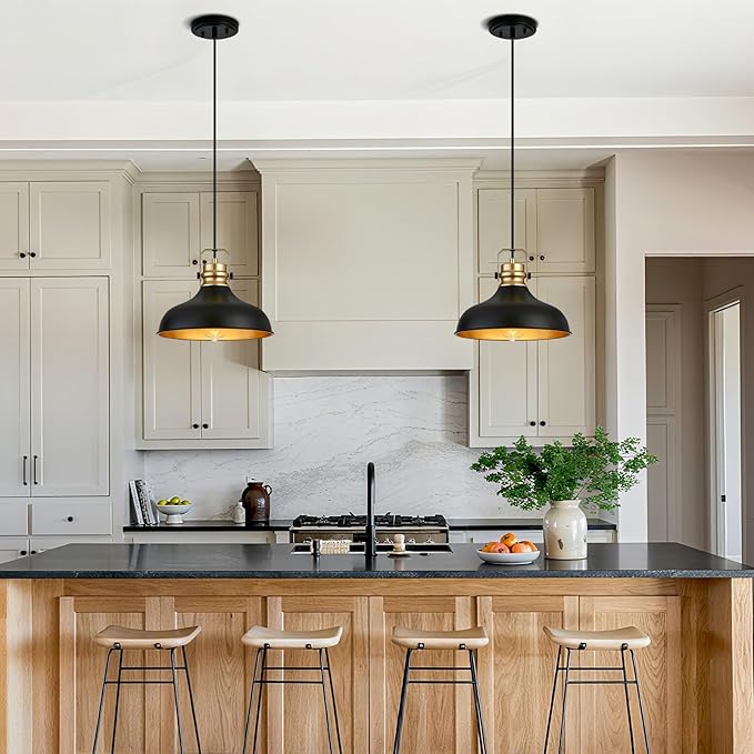Black and Gold Farmhouse Pendant Lights Matte Pendant Lighting for Kitchen Island Industrial Adjustable Height Vintage Dome Hanging Light Fixtures for Barn, Dining Room 2 Packs