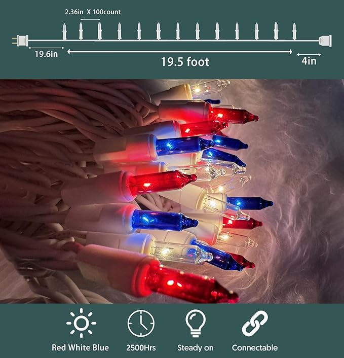 HISHINY Red White Blue 4th of July Patriotic Decorations Lights 100 Count Mini String Lights with White Wire for Outdoor Indoor Christmas,Holiday,Party, Independence Day Decor,UL Certified (21feet)