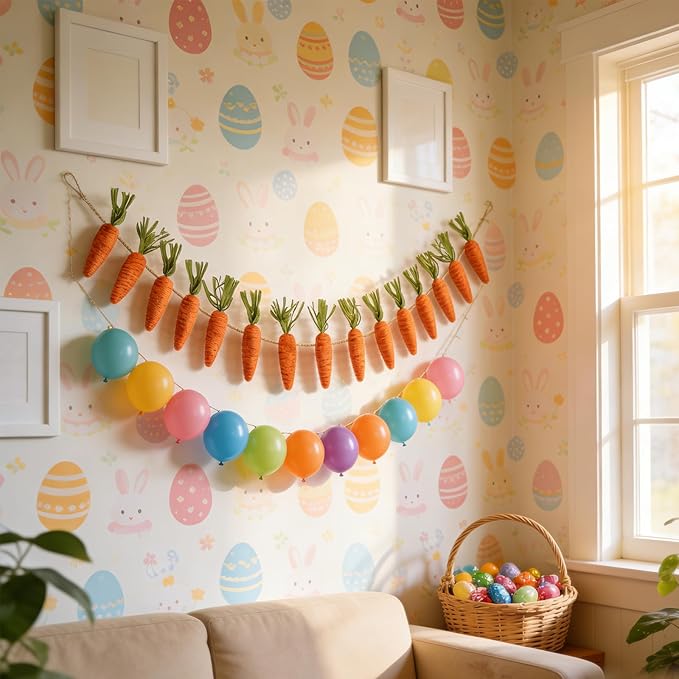 10 FT Artificial Easter Carrot Garland with 15 Carrot Ornaments - Easter Decoration Hanging Banner for Mantel Fireplace Home Kitchen Party Decor