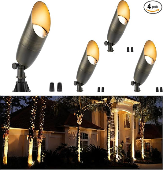 Gardenreet All Brass Landscape Lighting - LED Low Voltage Spotlights Outdoor, 12V Wired Uplights, Spot Lights Waterproof, Bronze for Outside Trees Without MR16 Bulb (4 Pack)