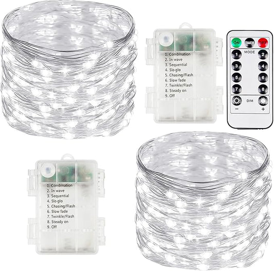 2 Pack Fairy Lights Battery Operated with Remote Control & Timer, Each 26FT 80 LED String Lights Outdoor Indoor, 8 Modes Twinkle Light for Christmas Party Wedding Birthday Bedroom Décor (Cool White)