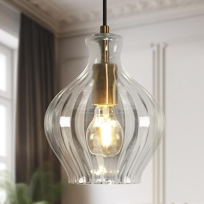 KSANA Pendant Lights Kitchen Island, 1-Light Electroplated Gold Teardrop Pendant Light with Textured Glass Shade Modern Adjustable Hanging Light Fixtures for Dining Room Hallway Bedroom