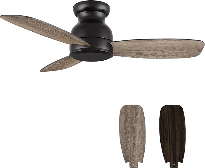 Carro 44 Inch Flush Mount Ceiling Fan without Lights, Black Ceiling Fan with Remote Low Profile, 10-Speed Reversible DC Motor, 3 Dual Finish Blades, Indoor for Bedroom