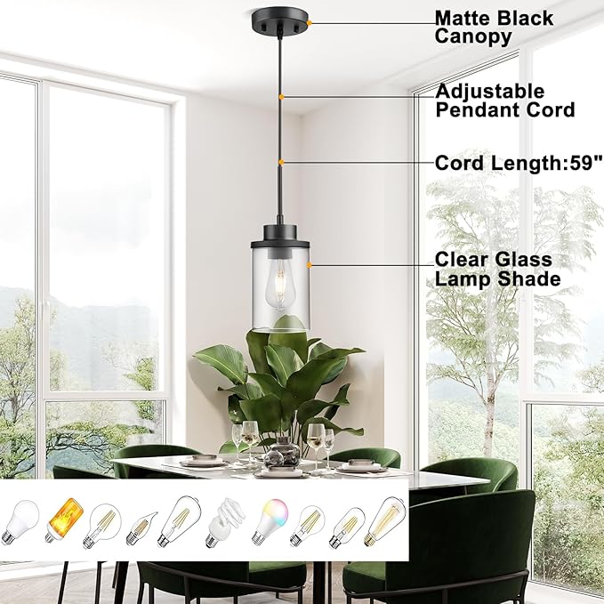 Modern Black Farmhouse Clear Glass Cylinder Pendant Light Fixture,Ceiling Hanging Metal Industrial Mini Pendant Lighting for Kitchen Island Dining Table Bedroom Hallway Foyer…