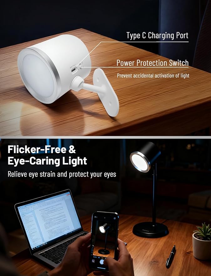 Cordless Desk Lamp, Magnetic Wall Mount LED Light, Portable Warm Night Light, Rechargeable Battery Powered Lamp, Dimmable Brightness & 3 Color Modes, Table Light for Reading, Work, Bedroom, Hallway