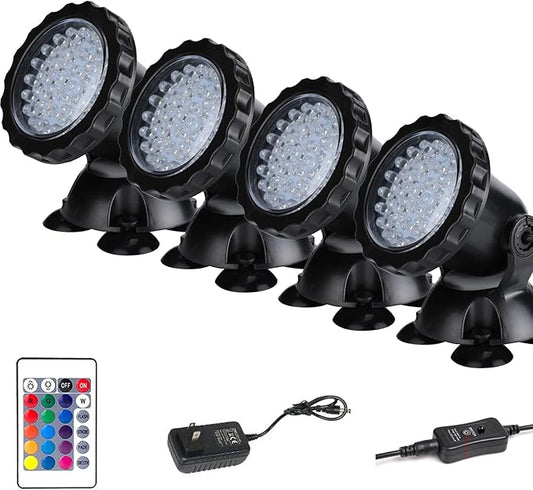 Pond Lights Submersible Color Changing Fountain Lights with Remote, 36 LED Bulbs Underwater Landscape Light Multi-Color & Adjustable & Dimmable for Aquarium Garden Pool Lawn Waterfall IP68