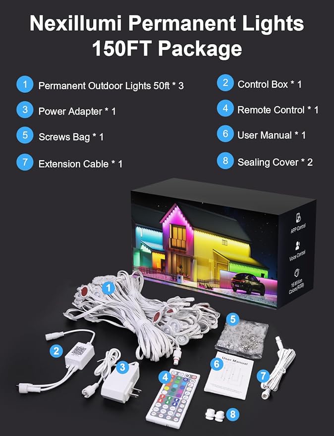 Nexillumi Permanent Outdoor Lights for House, 150ft Smart RGB LED Lights Outside with 16 Million DIY Colors, IP67 Waterproof Eternity Eaves Lighting for Christmas Halloween Holiday Daily Decorations