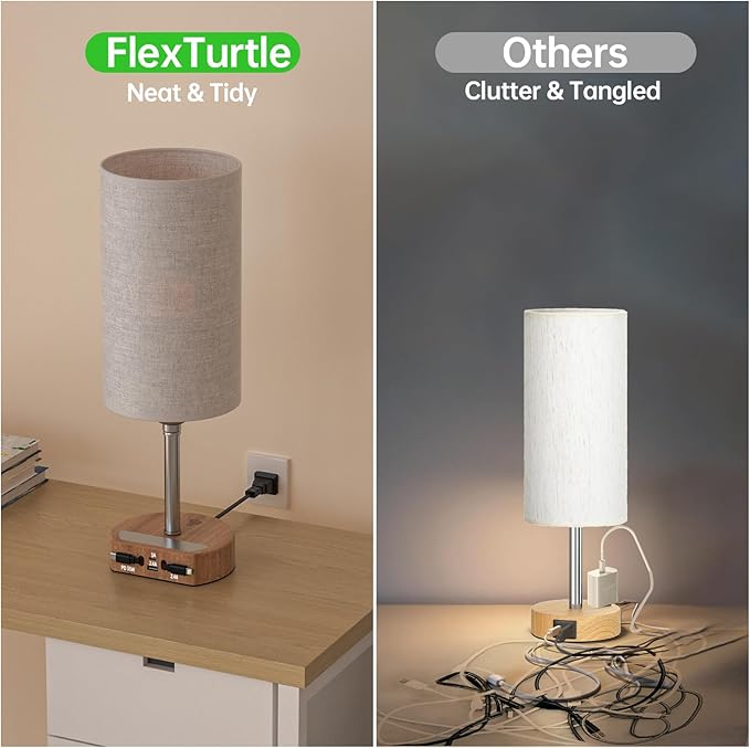 Bedside Table Lamps Set of 2, Desk Lamp with Charging Station 74W【2 * 3.94ft Retractable Cords & 2 USB Ports】, 3 Way Dimmable Touch Lamps for Nightstand (Grey-Wood Grain Set of 2)