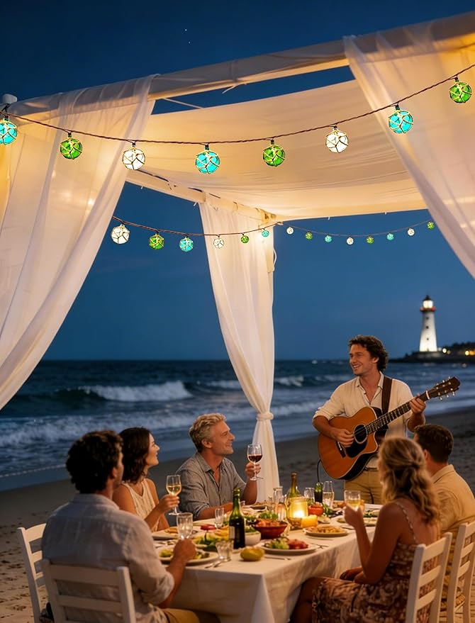 8.5Ft Nautical Fishing Float String Lights, Beach Themed Buoy Lights Set of 10 LED Tiki Bar Lights Indoor Home Decor and Outdoor Patio Decorations-Blue/Green/White