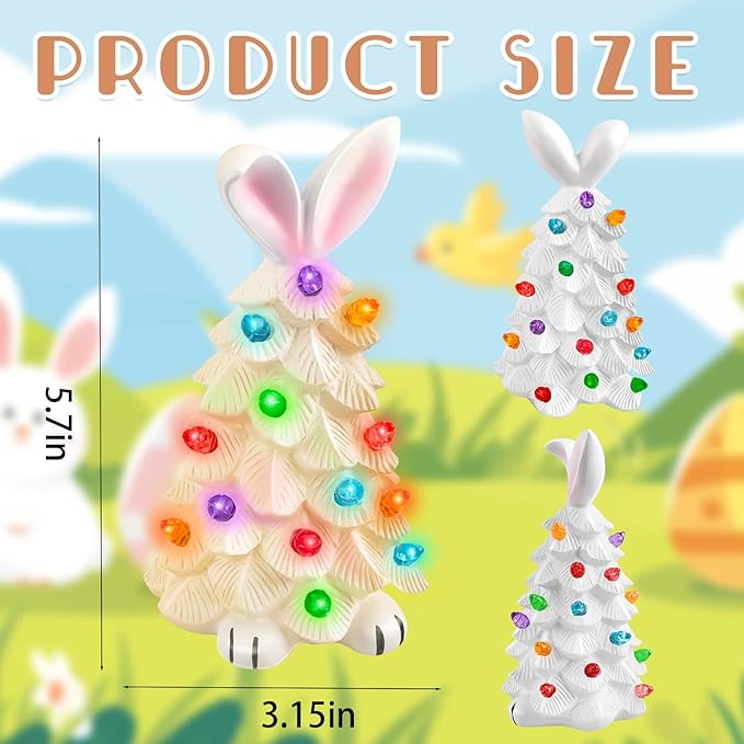 Lighted Easter Bunny Ceramic Tabletop Tree Easter Glowing Easter Bunny Ornaments with Colorful Lamp Beads Resin Rabbit Figurines for Spring Theme Party Basket Stuffers Filler Holiday Decor Gifts