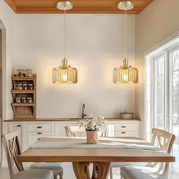 2 Pack Industrial Pendant Lighting, Modern Glass Shade Farmhouse Adjustable Hanging Light Fixtures for Kitchen Island Living Room Bedroom Hallway, Brown