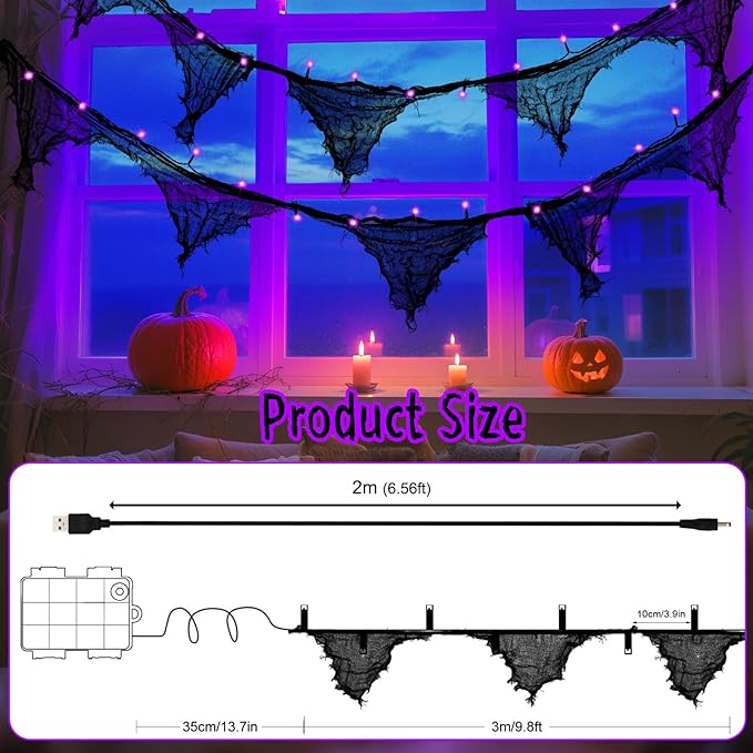 Halloween Lights Battery Operated or USB, Creepy Cloth String Lights with Timer Waterproof 9.8ft 30LED Purple String Lights Halloween Decortions for Fireplace Window Door Mirror