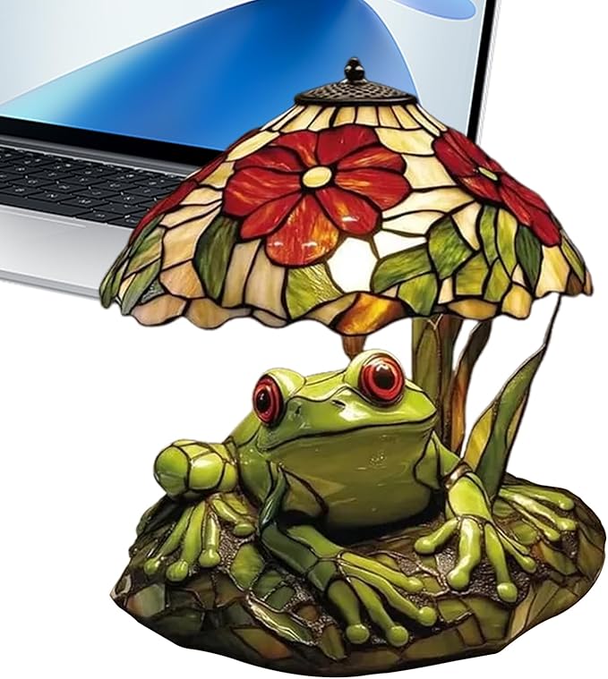Table Lamp, Frog and Flower Shaped Tables Lights, Rustic Garden Style Stained Glass Tables Lamp, Small Bedside Lamps, Decorative Lamps for Dining Room Nursery Nightstand Home Bedroom Bookshelves