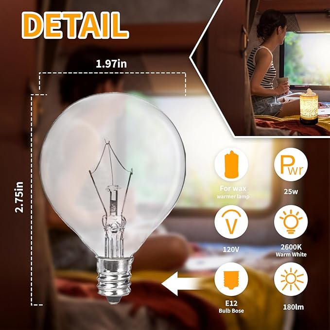 8 Pack 25 Watt Wax Warmer Bulbs Replacement Light Bulb for Full Size Scentsy Warmer 120V G50 E12 Incandescent Standard Base for Indoor Outdoor Patio String Lights