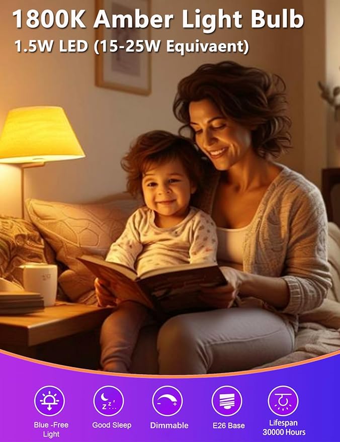 Amber Sleep Light Bulb Dimmable, Blue Light Blocking, A15 E26 1.5W 15 Watt Equivalent Dim Light Bulb, 1800K Warm Bulb for Healthy Sleep, Bedroom, Children's Room,4pack