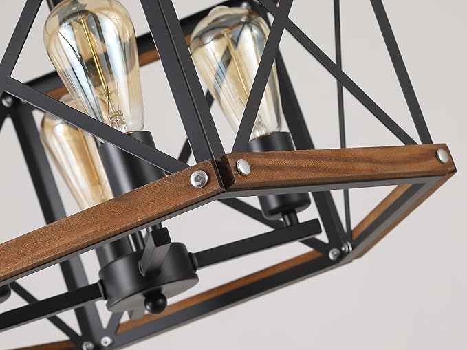 4-Light Large Rustic Farmhouse Wood Pendant Light Fixture with Adjustable Chain, 20 inch Oak Wood and Metal Cage Chandelier for Dining Room Kitchen Island Farmhouse Living Room Entry, Black