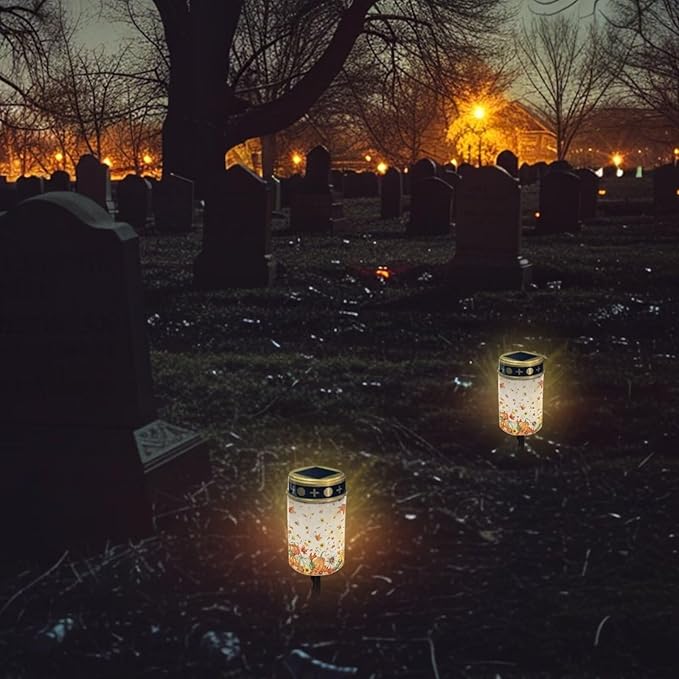 Fall Maple Leaf Pumpkin Prayer Cemetery Solar Lights for Grave Cemetery Decor Candle Lamp Solar Powered Landscape Lights for Grave