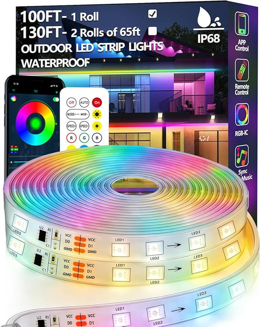 100FT Outdoor LED Strip Light Waterproof,IP68 Outside RGB+IC Light Strip with App/Remote Control,Chase Mode,Music Sync Rope Light for Balcony,Deck,Rooftop,Garden,Pool