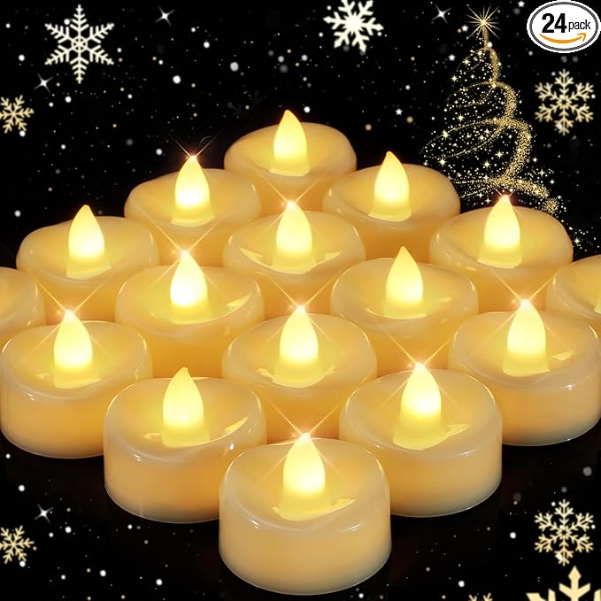 Flameless Candles, 24 Pack LED Tea Lights Candles Battery Operated, Last 200+ Hrs Flickering Tea Lights, Flameless Tealight Candles for Halloween Diwali Fall Christmas Wedding