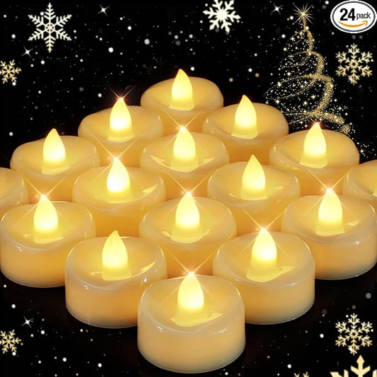 Flameless Candles, 24 Pack LED Tea Lights Candles Battery Operated, Last 200+ Hrs Flickering Tea Lights, Flameless Tealight Candles for Halloween Diwali Fall Christmas Wedding
