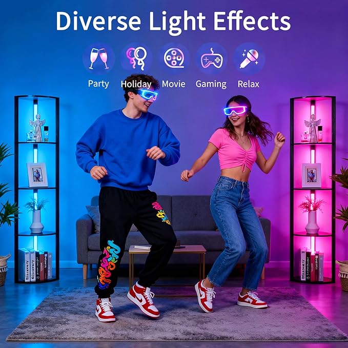 RGBCW Floor Lamp with Shelves, LED Smart Modern Floor Lamp with Music Sync, Color Changing Corner Display Shelf Lamp, Standing Lamp with Shelves for Living Room and Bedroom, Office, Black
