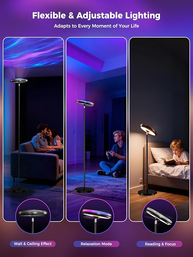 Smart Floor Lamp for Living Room, 66.8" RGB+WW Ripple Projector Floor Lamp, 3-in-1 LED Corner Lamp with RGB+IC Side Light & RA90 Reading Light, Dimmable Mood Light with App Control for Bedroom