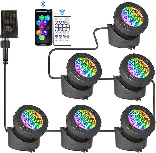 T-SUN Color Changing Pond Lights LED Underwater Fountain Lights with Bluetooth APP Control, IP68 Waterproof Submersible Spotlight for Aquariums, Fish Tanks, Pools, Garden and Yard Ponds (Set of 6)