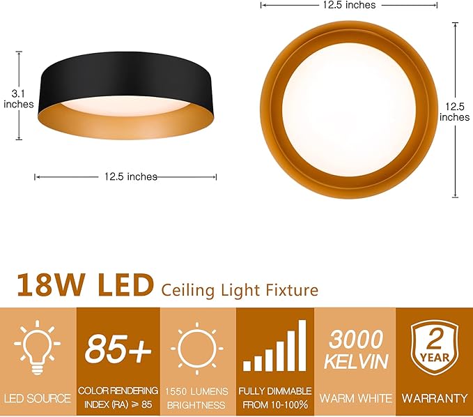 Bargeni Flush Mount Ceiling Lights,12.5 inch Ceiling Light Fixture,3000K/18W, Matte Black with Champagne Gold Inside Finish,Flush Mount Light Fixture for Balcony,Outdoor,Kitchen,ETL Listed-2 Pack