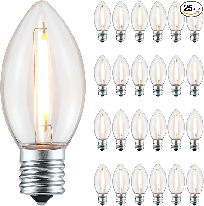 YULETIME Pack of 25 Clear Warm White C9 Replacement Bulbs, Shatterproof LED Light Bulbs for E17 Base Sockets Christmas String Lights